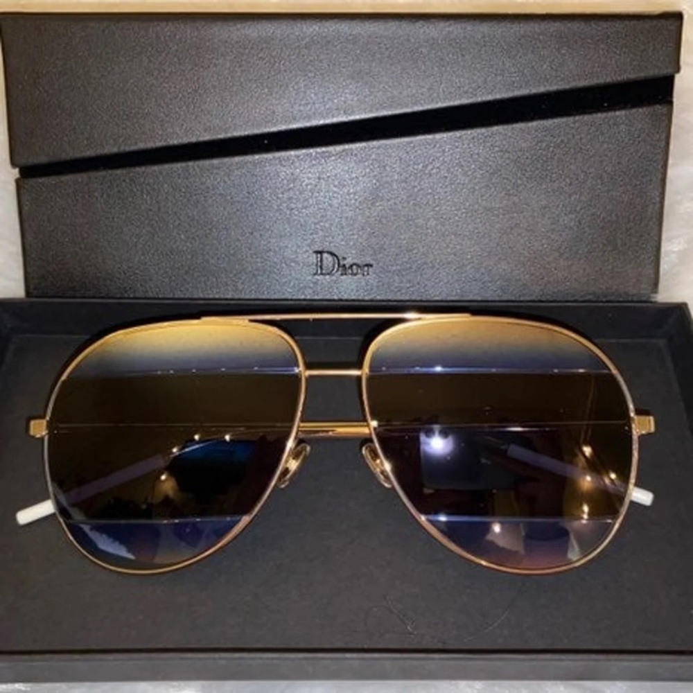DIOR SPLIT Sunglasses Gold/Blue New Authentic